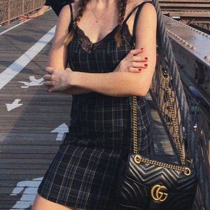 ReNamed Plaid Mini Slip Dress w/ Lace Detail